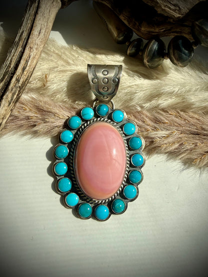 Pink Conch & Sleeping Beauty Turquoise Pendant