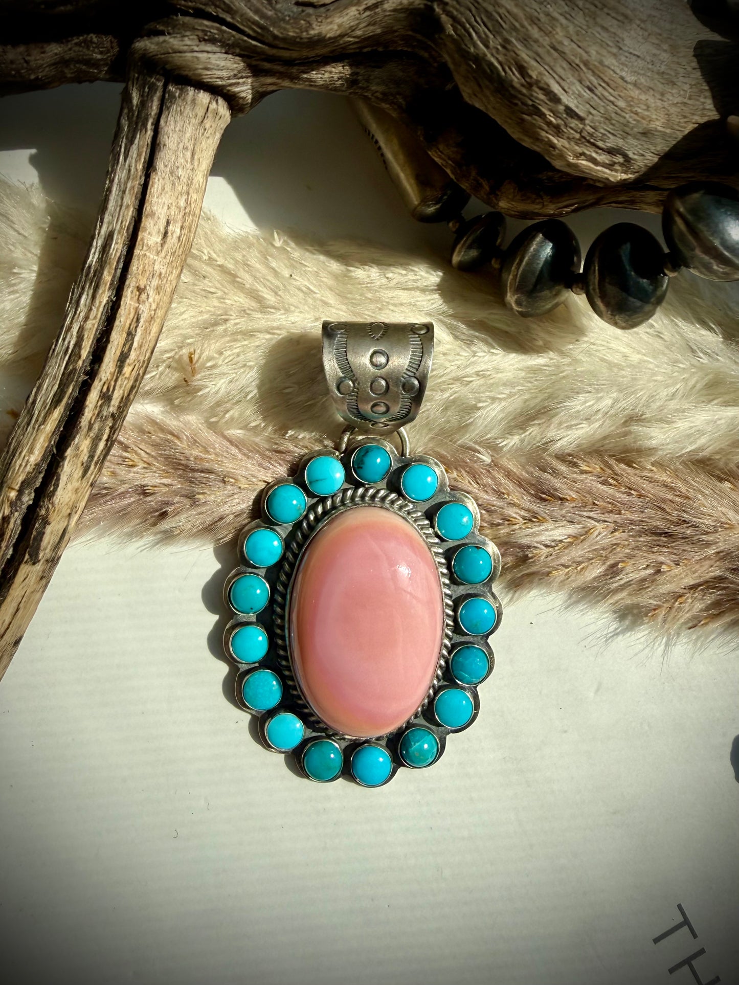 Pink Conch & Sleeping Beauty Turquoise Pendant