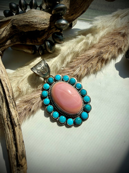 Pink Conch & Sleeping Beauty Turquoise Pendant