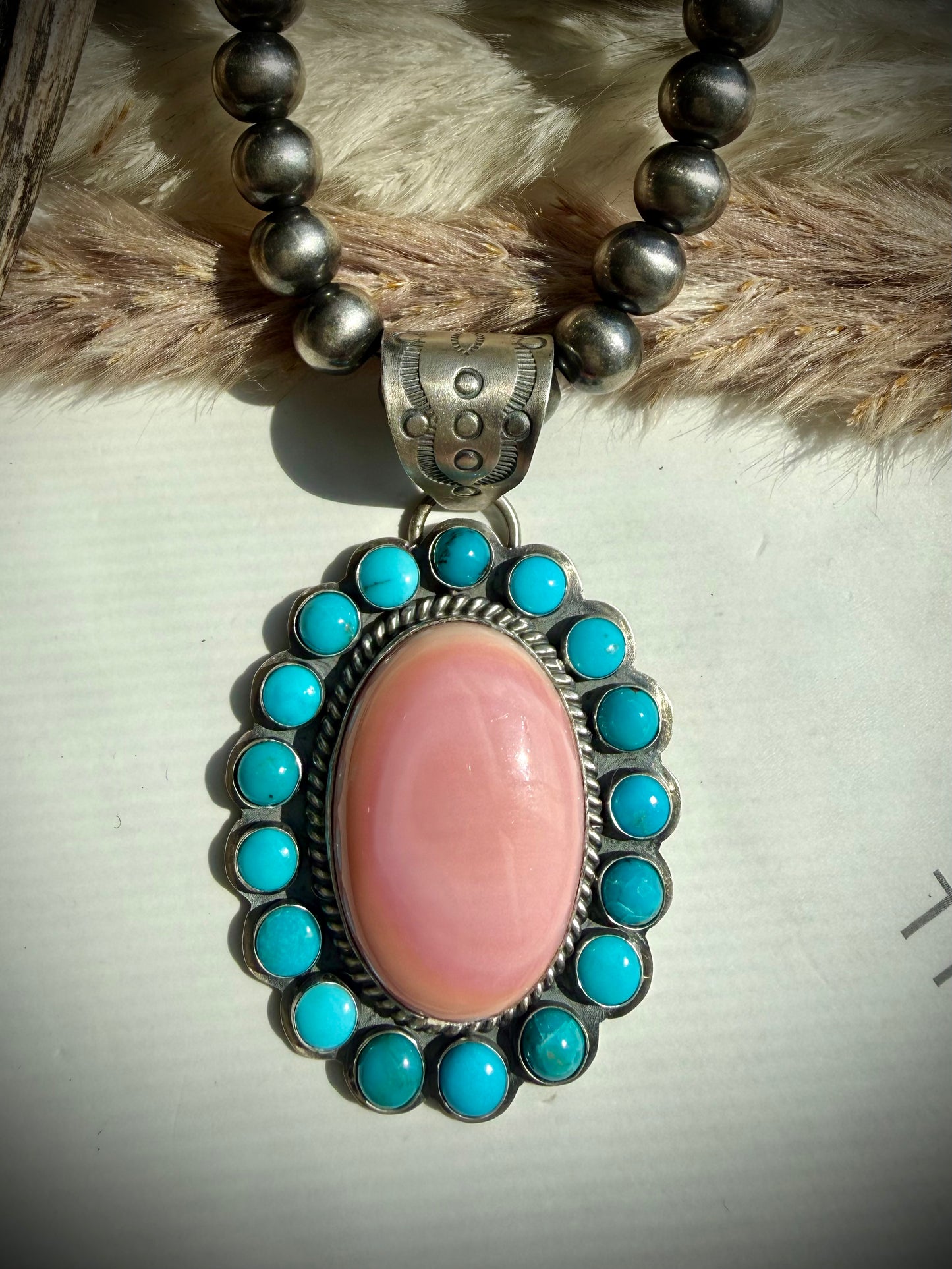 Pink Conch & Sleeping Beauty Turquoise Pendant