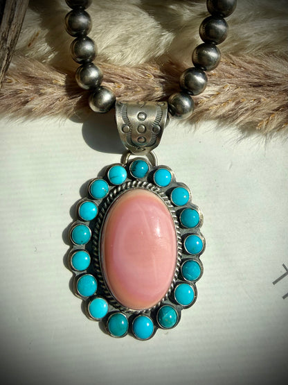 Pink Conch & Sleeping Beauty Turquoise Pendant