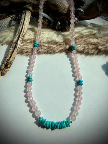 Faceted Rose Quartz & Turquoise Necklace- 17"