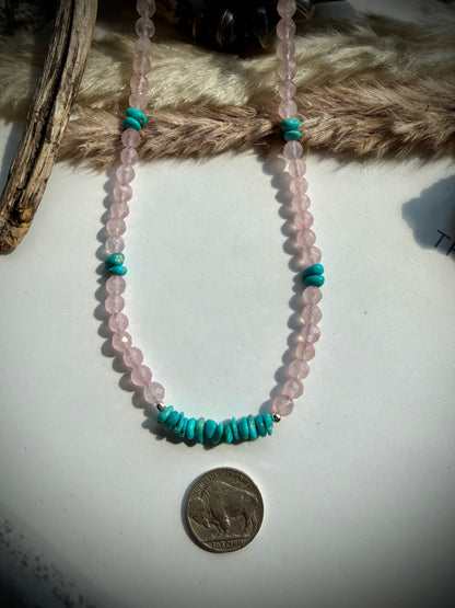 Faceted Rose Quartz & Turquoise Necklace- 17"