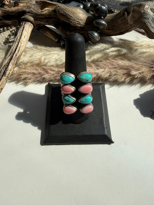 The Flip Side- Pink Conch & Turquoise Ring