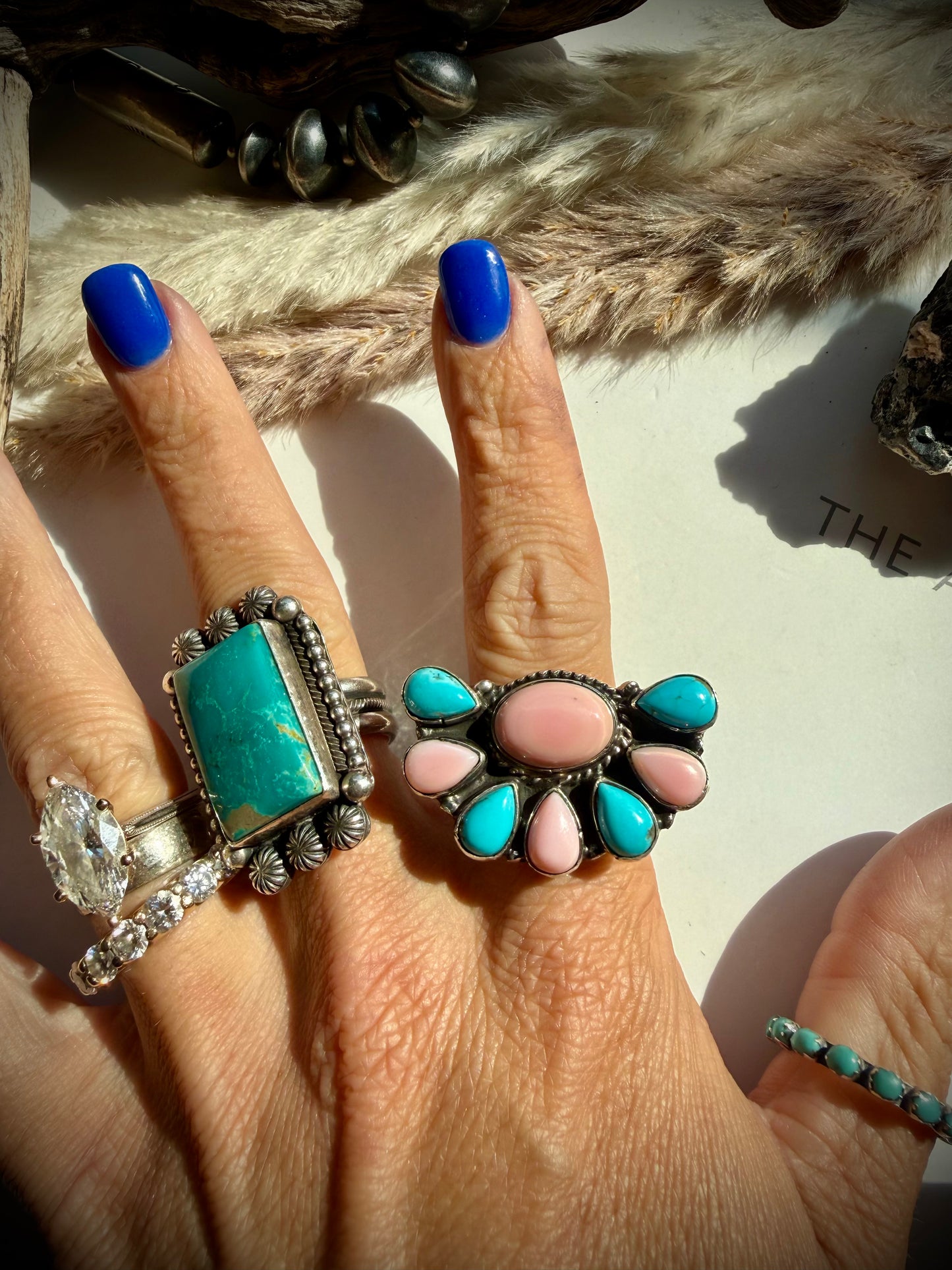 East to West Pink Conch & Turquoise Ring