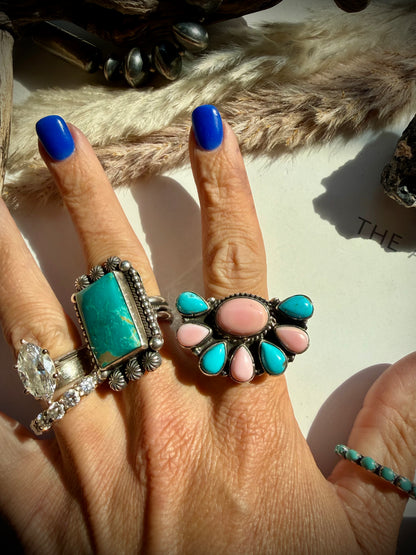 East to West Pink Conch & Turquoise Ring