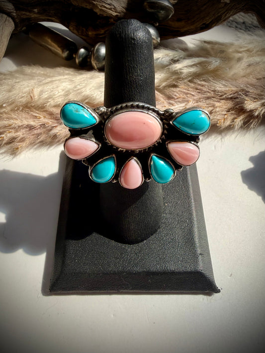 East to West Pink Conch & Turquoise Ring