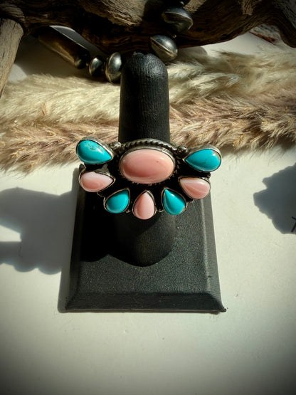 East to West Pink Conch & Turquoise Ring