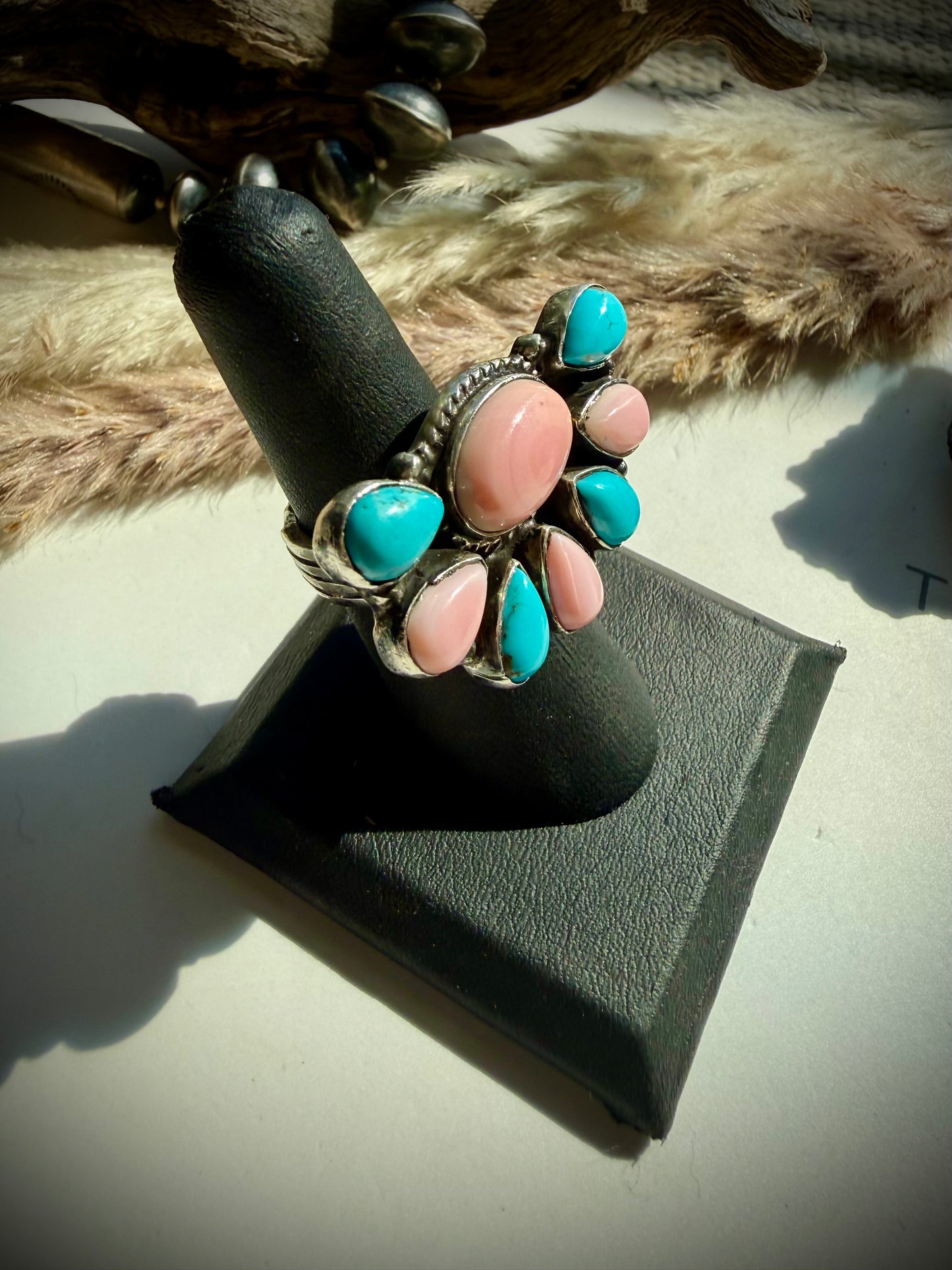 East to West Pink Conch & Turquoise Ring