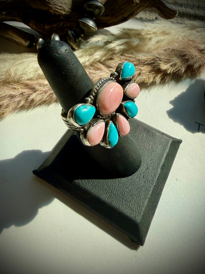East to West Pink Conch & Turquoise Ring