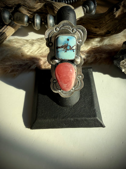 Golden Hills & Rhodocrosite Ring by Delbert Sacatero