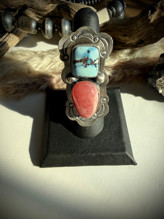 Golden Hills & Rhodocrosite Ring by Delbert Sacatero