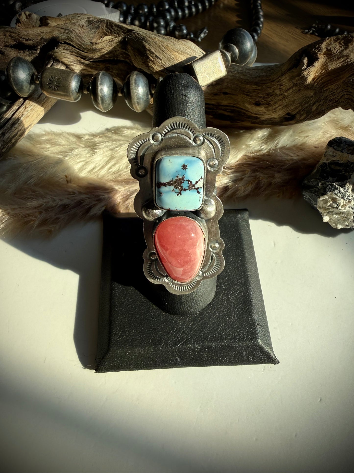 Golden Hills & Rhodocrosite Ring by Delbert Sacatero