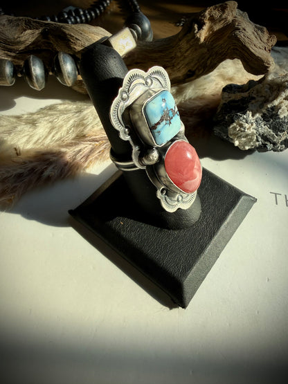 Golden Hills & Rhodocrosite Ring by Delbert Sacatero