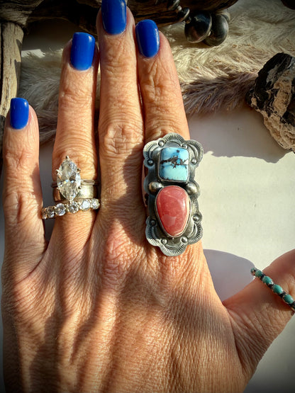 Golden Hills & Rhodocrosite Ring by Delbert Sacatero