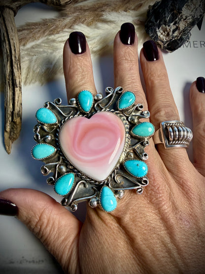 Pink Conch Heart & Turquoise Statement Ring