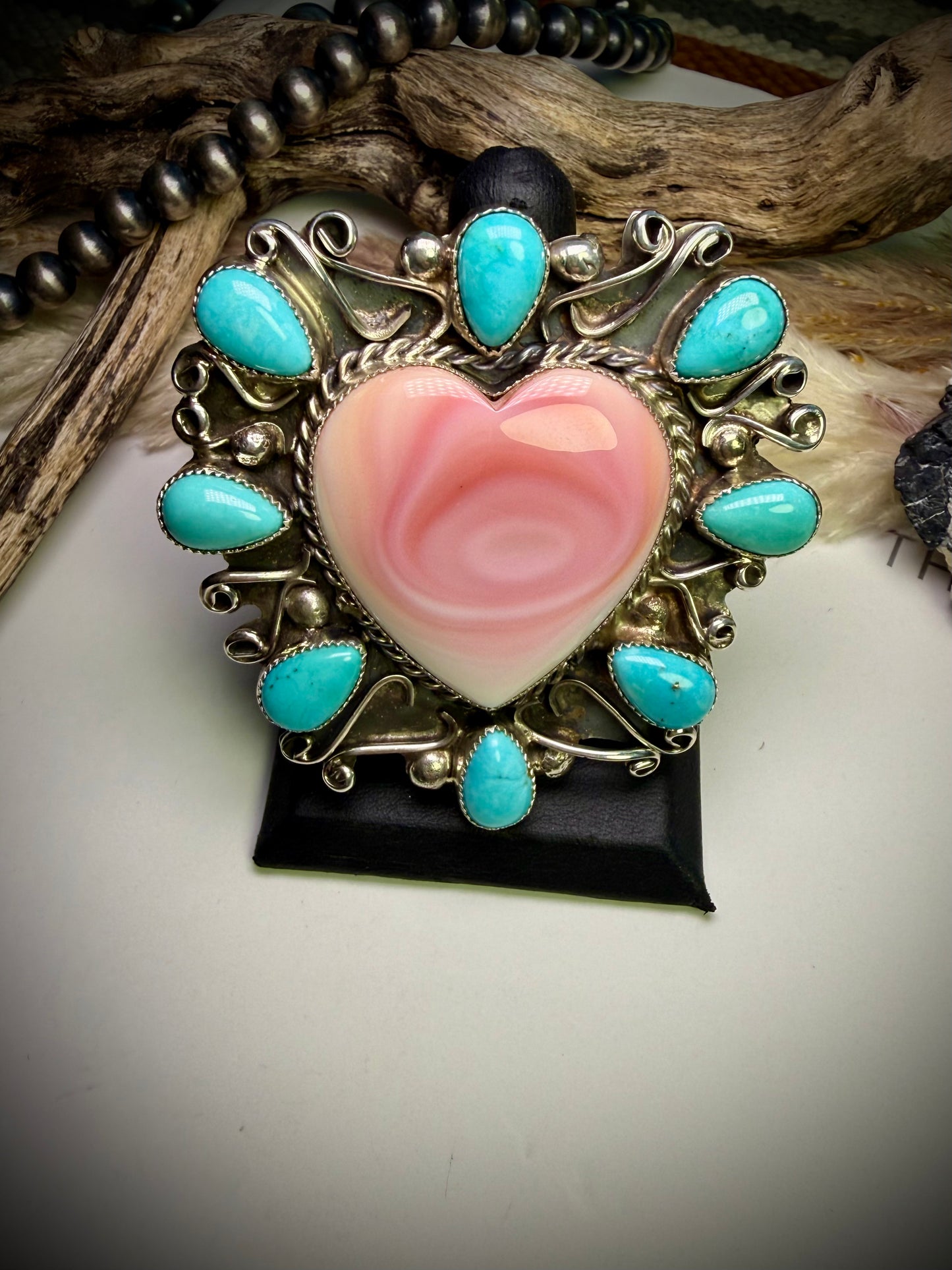 Pink Conch Heart & Turquoise Statement Ring
