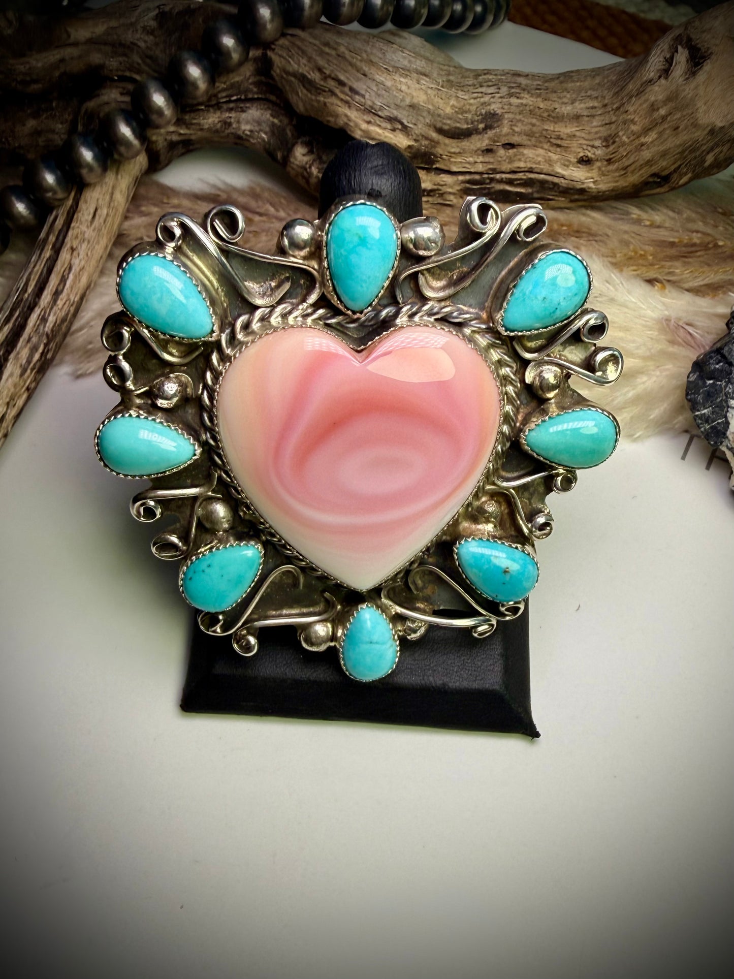 Pink Conch Heart & Turquoise Statement Ring