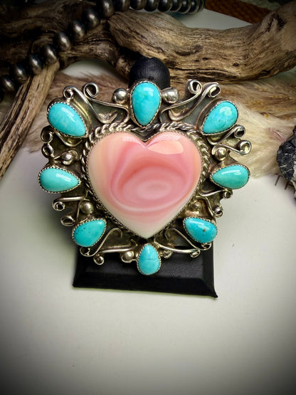 Pink Conch Heart & Turquoise Statement Ring