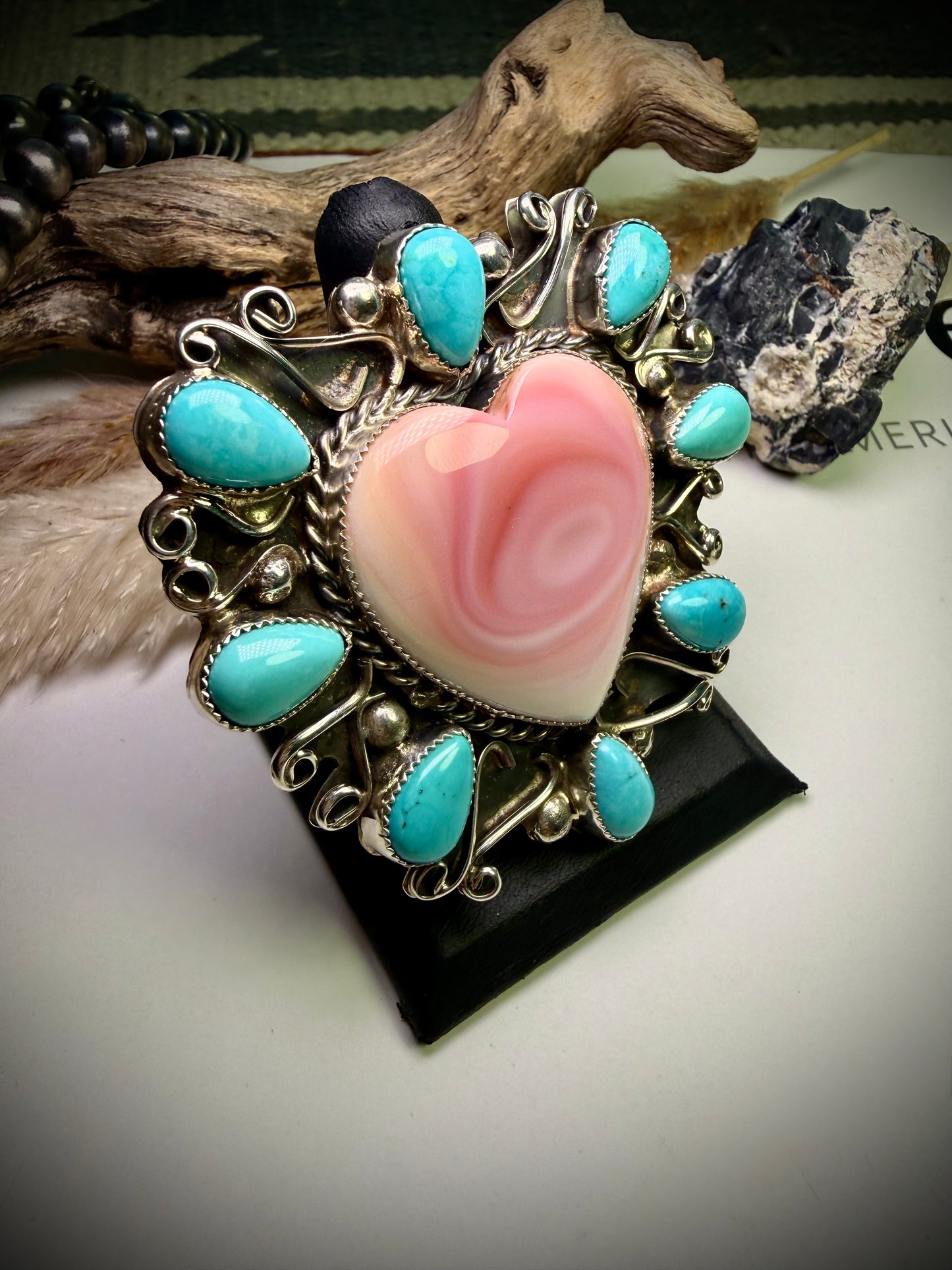 Pink Conch Heart & Turquoise Statement Ring