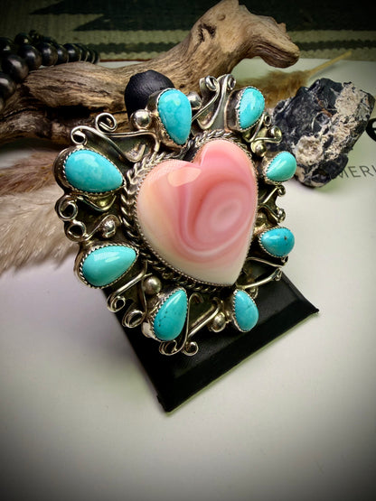 Pink Conch Heart & Turquoise Statement Ring