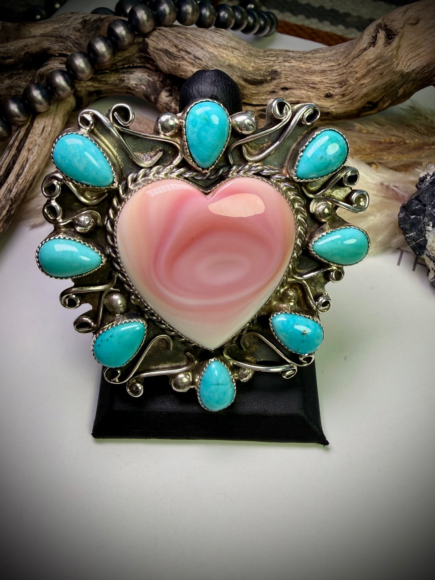 Pink Conch Heart & Turquoise Statement Ring