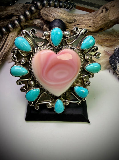 Pink Conch Heart & Turquoise Statement Ring