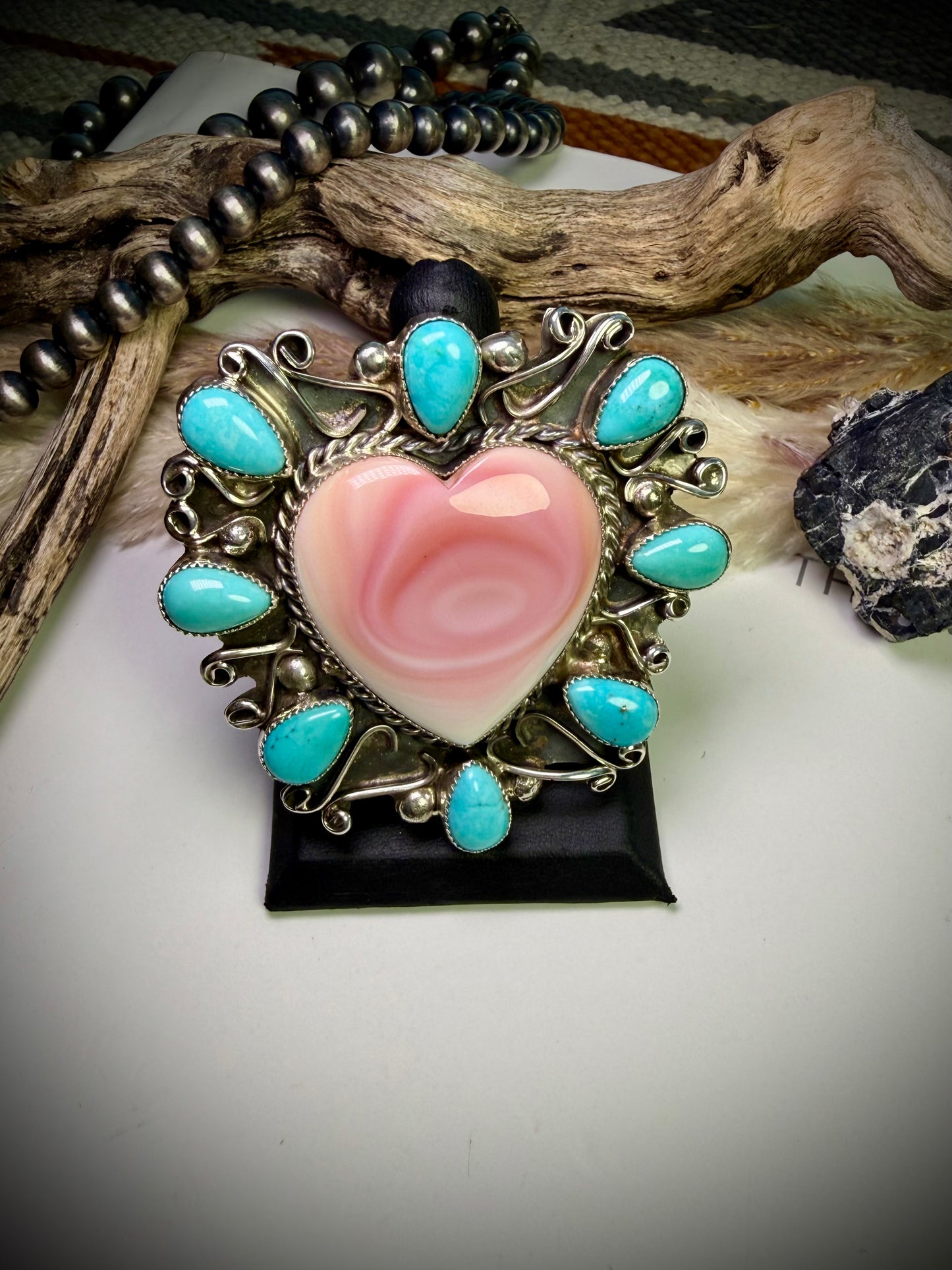 Pink Conch Heart & Turquoise Statement Ring