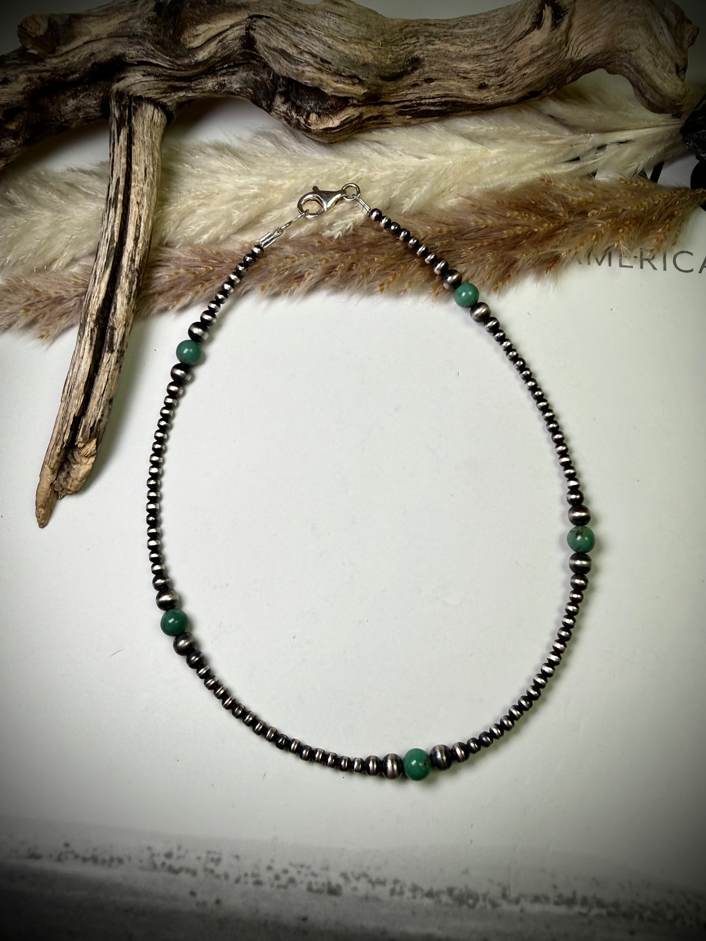 14" Sterling Pearl & Green Royston Turquoise Necklace