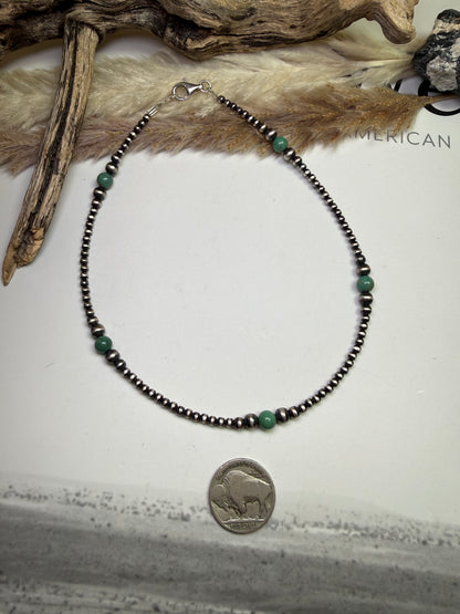 14" Sterling Pearl & Green Royston Turquoise Necklace