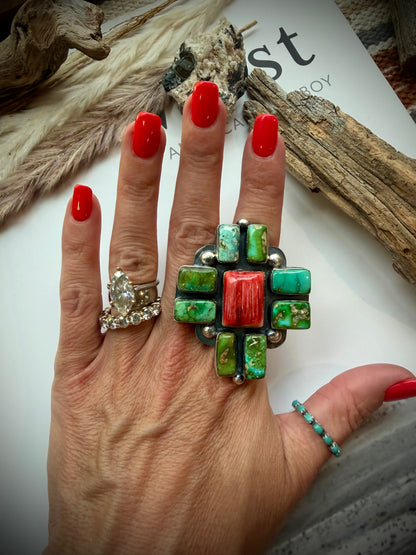Delbert Sacatero Sonoran Gold & Red Spiny Ring- Adjustable