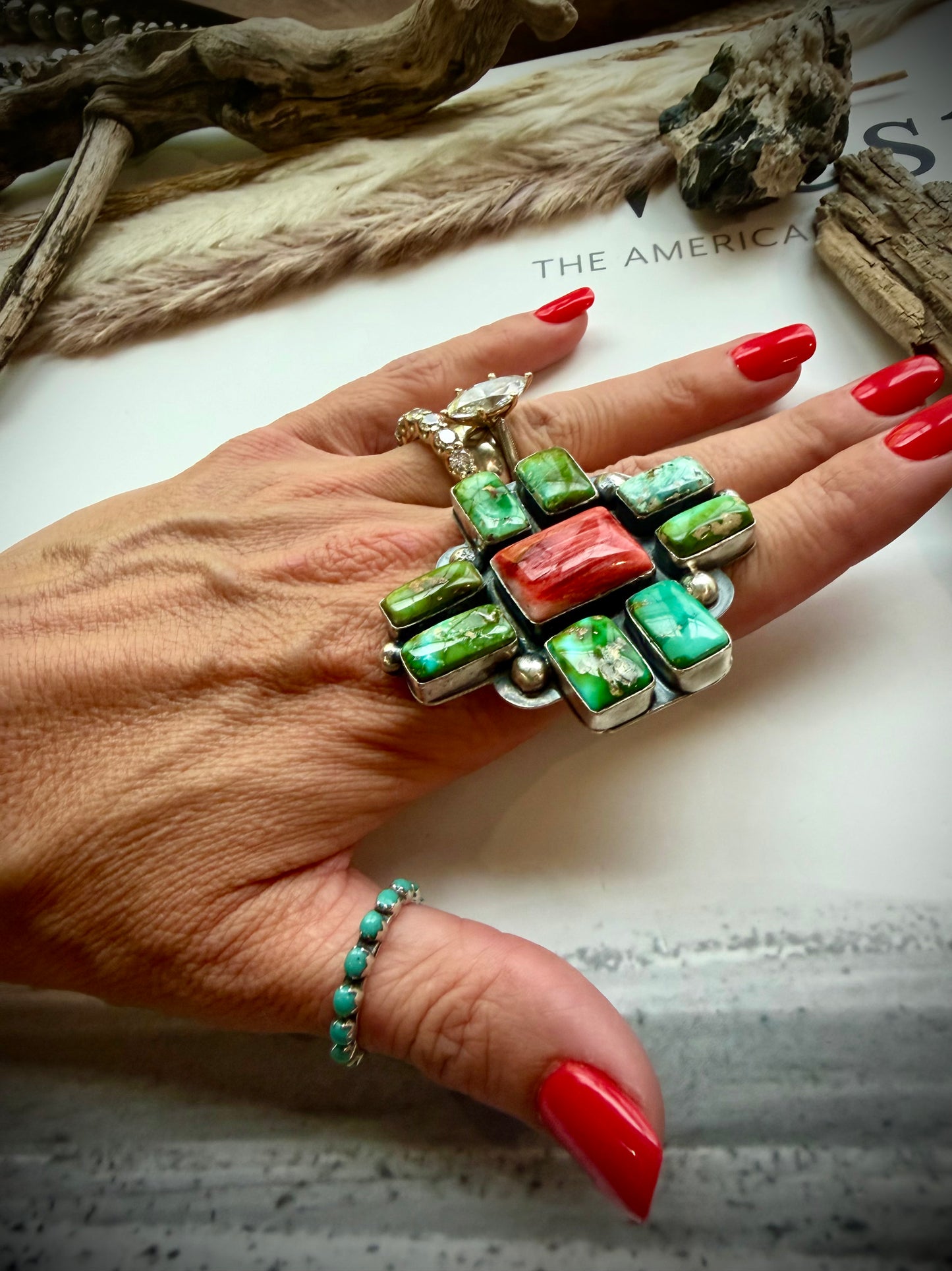 Delbert Sacatero Sonoran Gold & Red Spiny Ring- Adjustable