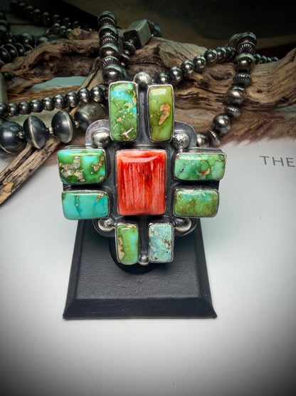 Delbert Sacatero Sonoran Gold & Red Spiny Ring- Adjustable