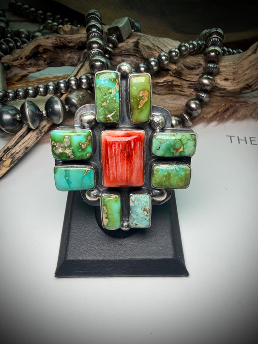 Delbert Sacatero Sonoran Gold & Red Spiny Ring- Adjustable