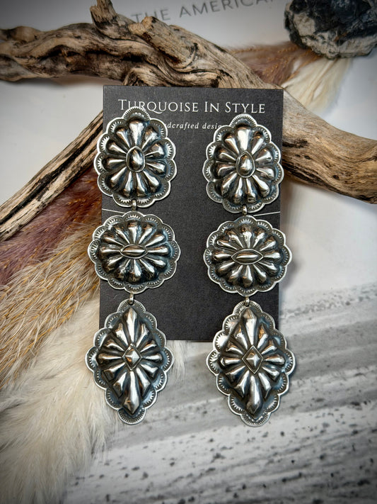 Rita Lee Triple Dangle All Silver Concho Earrings