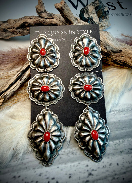 Triple Dangle Rita Lee Red Coral Concho Earrings