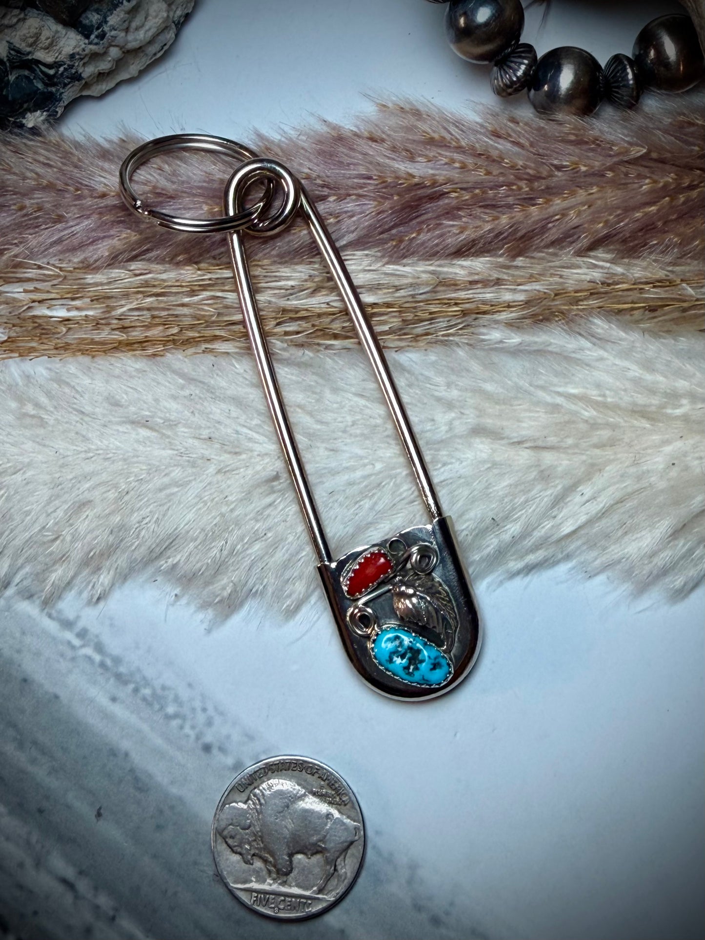 Vanessa Yazzie Laundry Pin with Red Coral & Turquoise