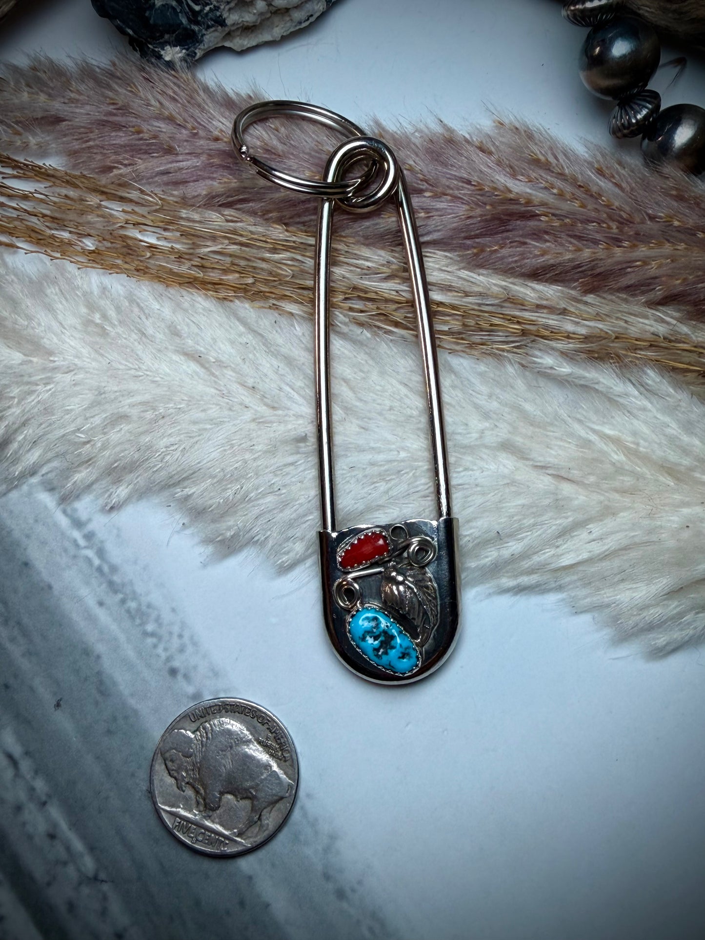 Vanessa Yazzie Laundry Pin with Red Coral & Turquoise