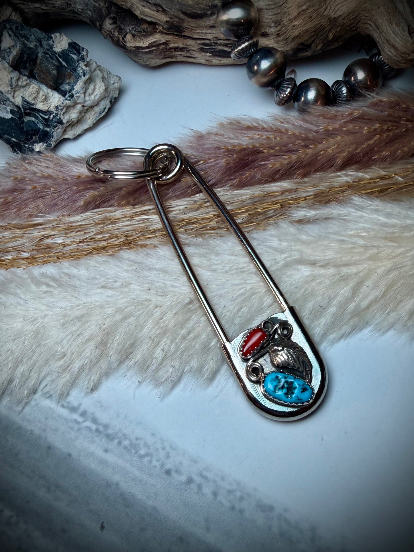 Vanessa Yazzie Laundry Pin with Red Coral & Turquoise