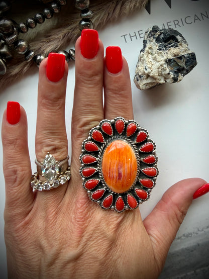 Orange Spiny and Red Coral Ring- Adjustable