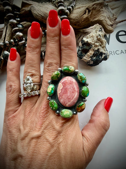 Sonoran Gold Turquoise & Rhodocrosite Cluster Ring- Adjustable