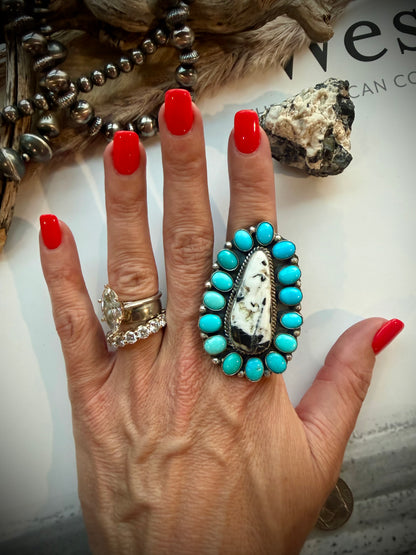 White Buffalo & Turquoise Ring- Adjustable