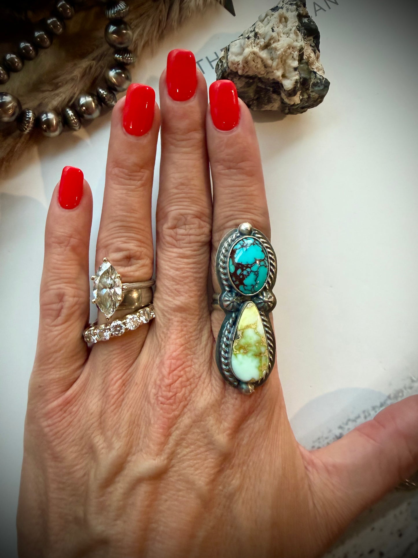 Delbert Sacatero Palomino and Prince Turquoise Ring- Adjustable