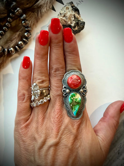 Sonoran Gold Turquoise and Red Spiny Ring- Adjustable