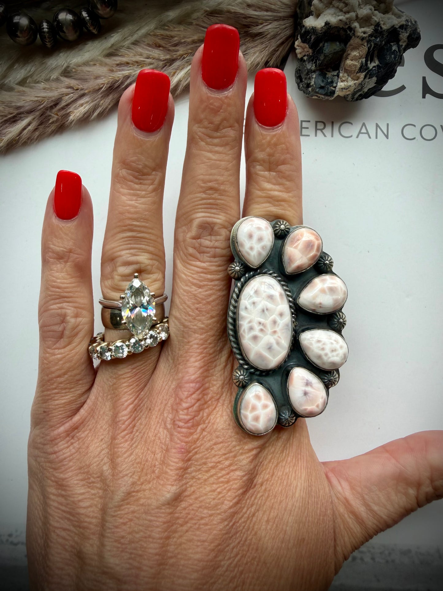 Pink Natrolite Half Cluster Ring- Adjustable