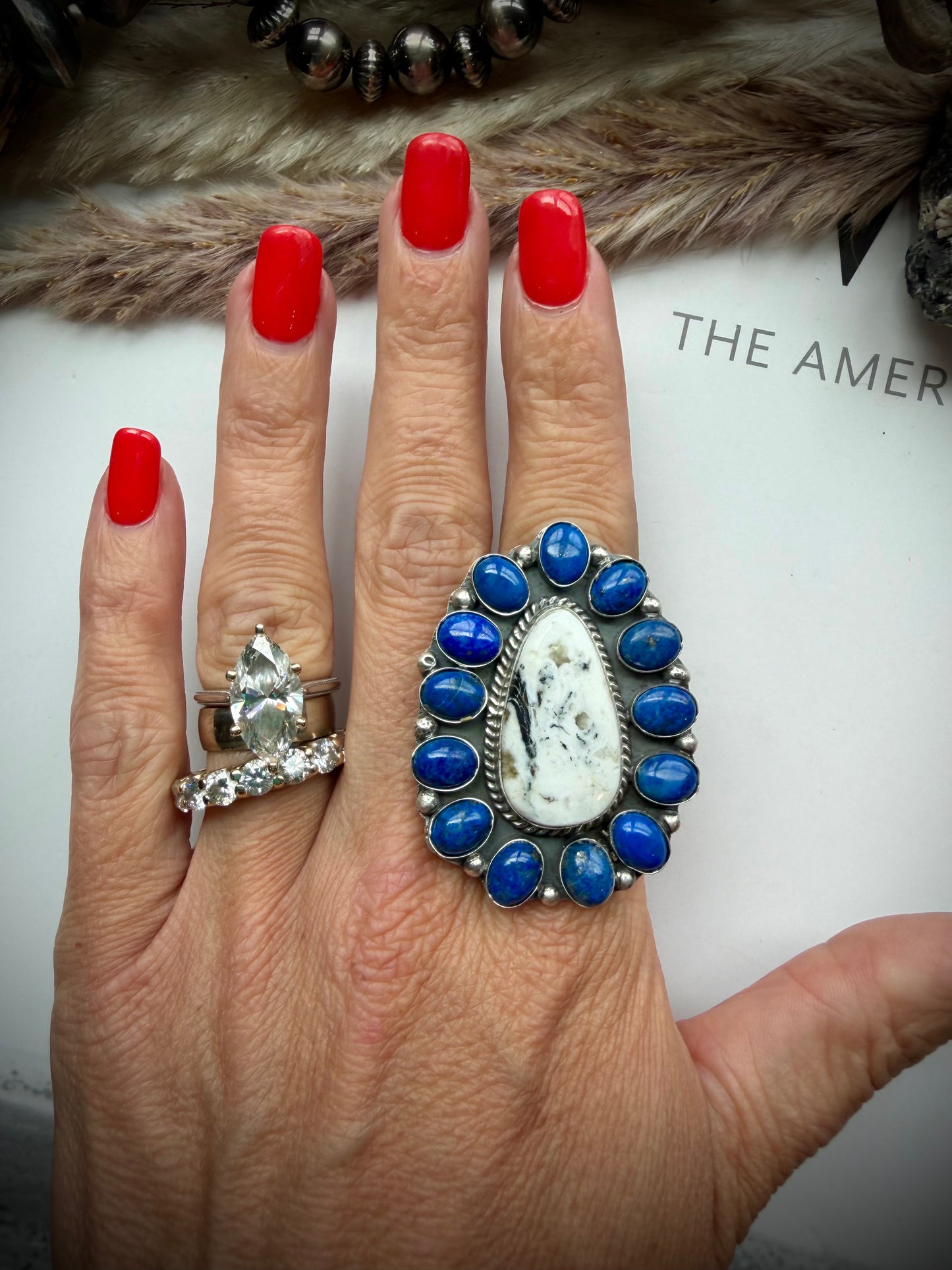 Adjustable White Buffalo & Lapis Ring by Philbert Nez