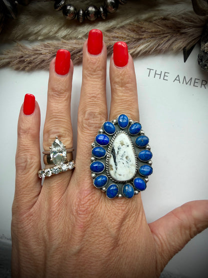 Adjustable White Buffalo & Lapis Ring by Philbert Nez