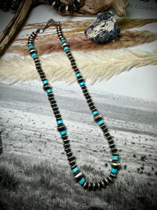 18" Sterling Pearl, Saucer and Turquoise Bead Necklace by Crystal Haley
