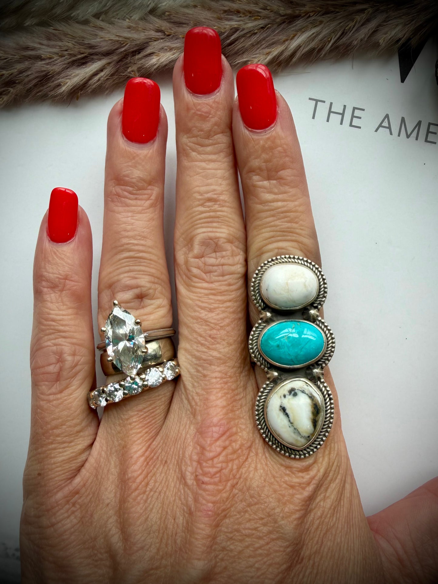 White Buffalo & Turquoise Three Stone Ring- Adjustable