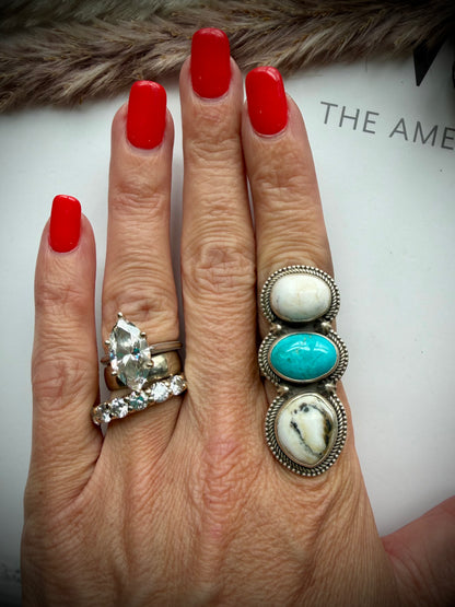 White Buffalo & Turquoise Three Stone Ring- Adjustable